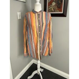 The Territory Ahead Mens Large Linen Silk Striped Button Down Shirt Orange Blue